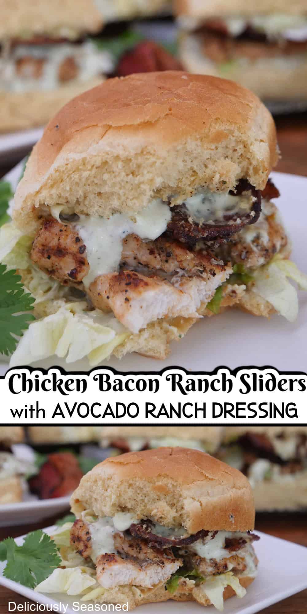 A double photo collage of chicken bacon ranch sliders with the title overlay in the center.