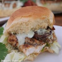 A white plate with a grilled chicken slider on it.