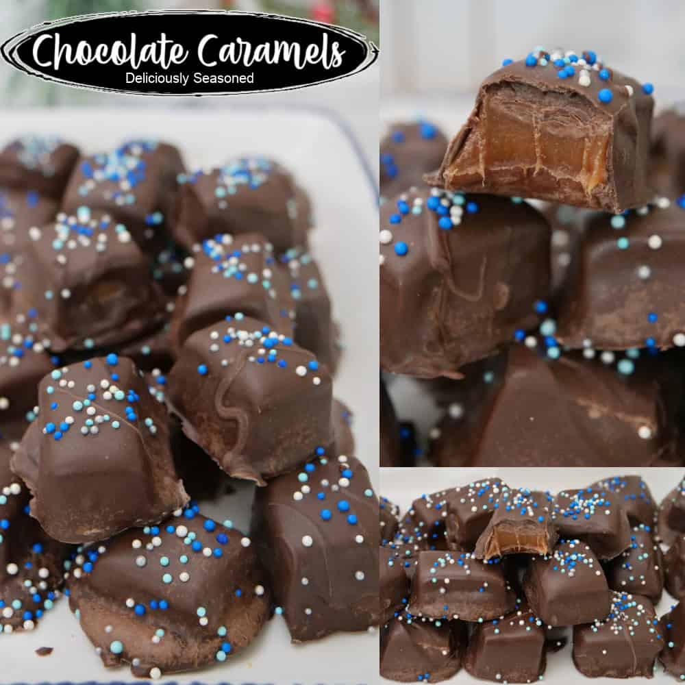 A three panel collage photo of chocolate caramel with the title overlay at the top.