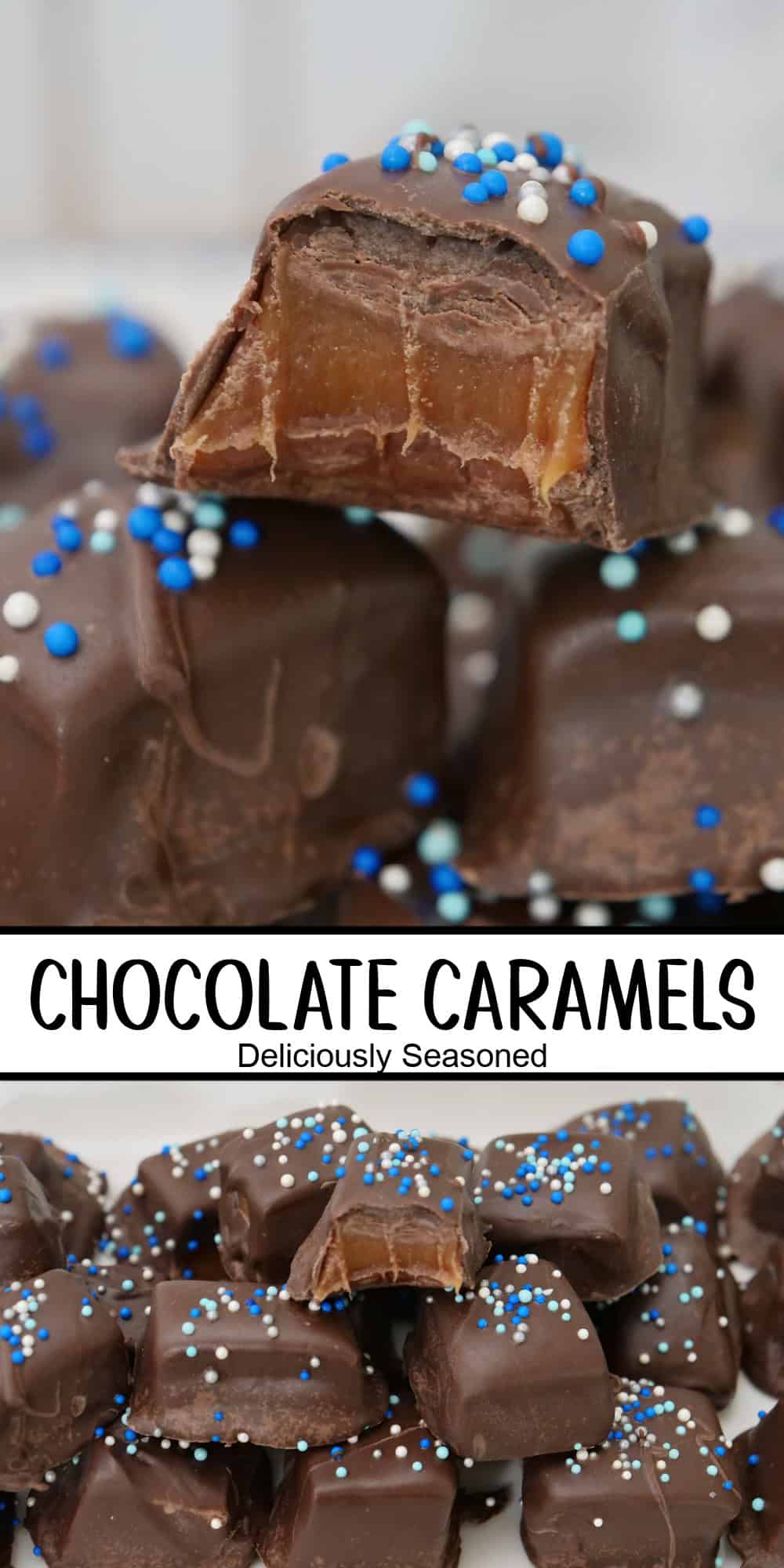 A two panel collage of chocolate caramel with the title overlay in the center.