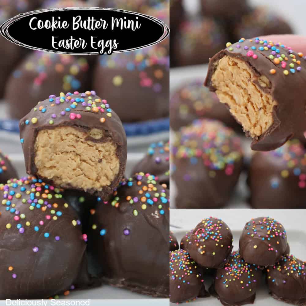 Three photo collage of no bake mini cookie butter mini Easter eggs.