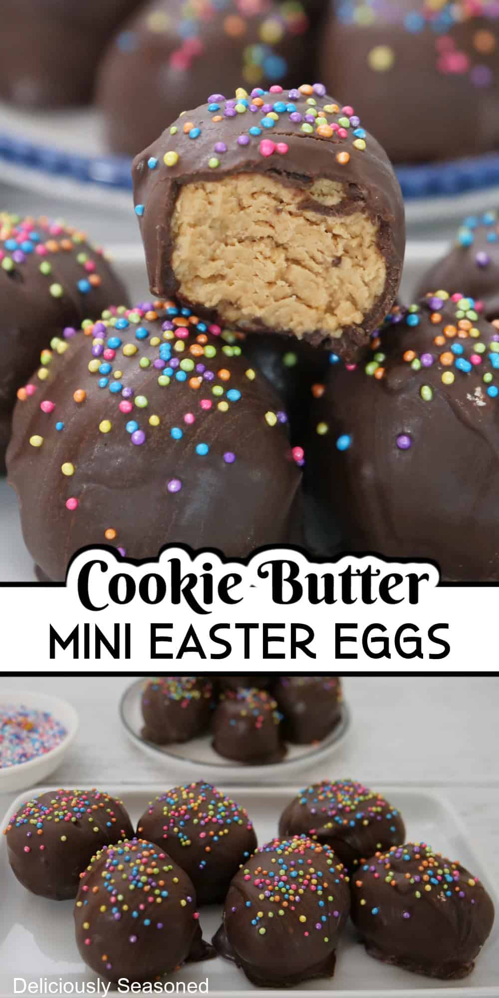 A double photo collage of mini cookie butter Easter eggs with a title overlay in the center.