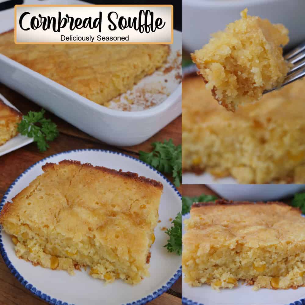 A three collage photo of cornbread souffle with a title overlay at the top.