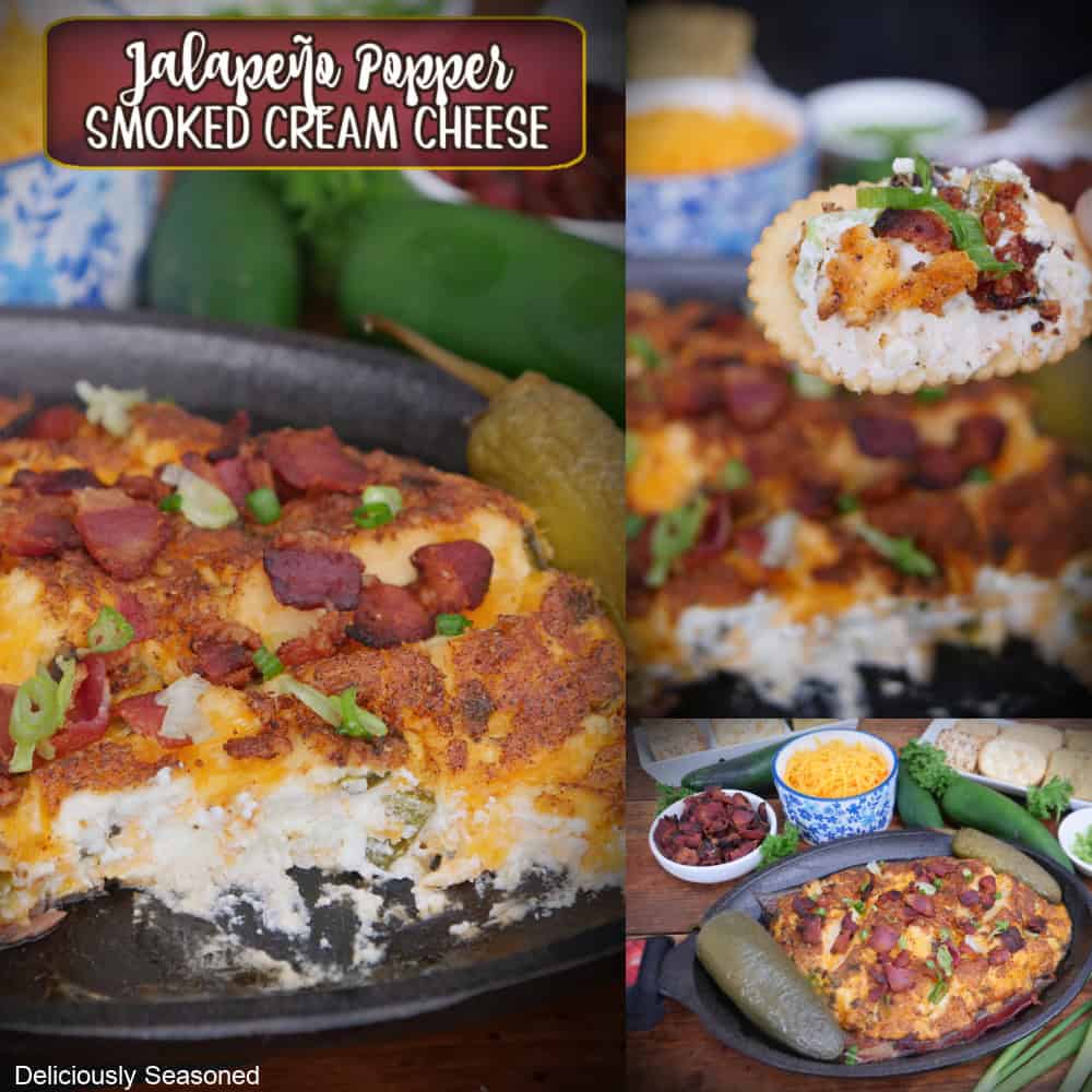 A three collage photo of jalapeno popper smoked cream cheese with the title overlay at the top.