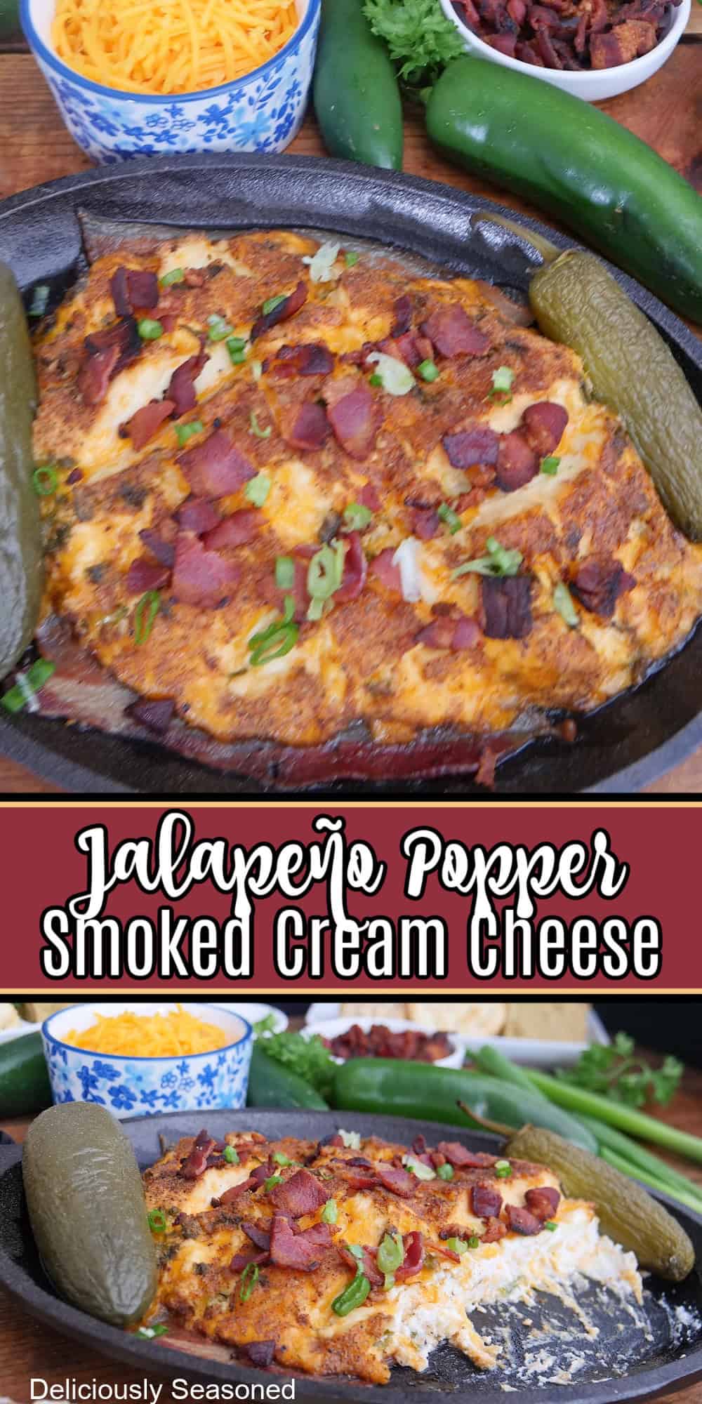 A double collage photo of jalapeno popper smoked cream cheese with the title overlay in the center.