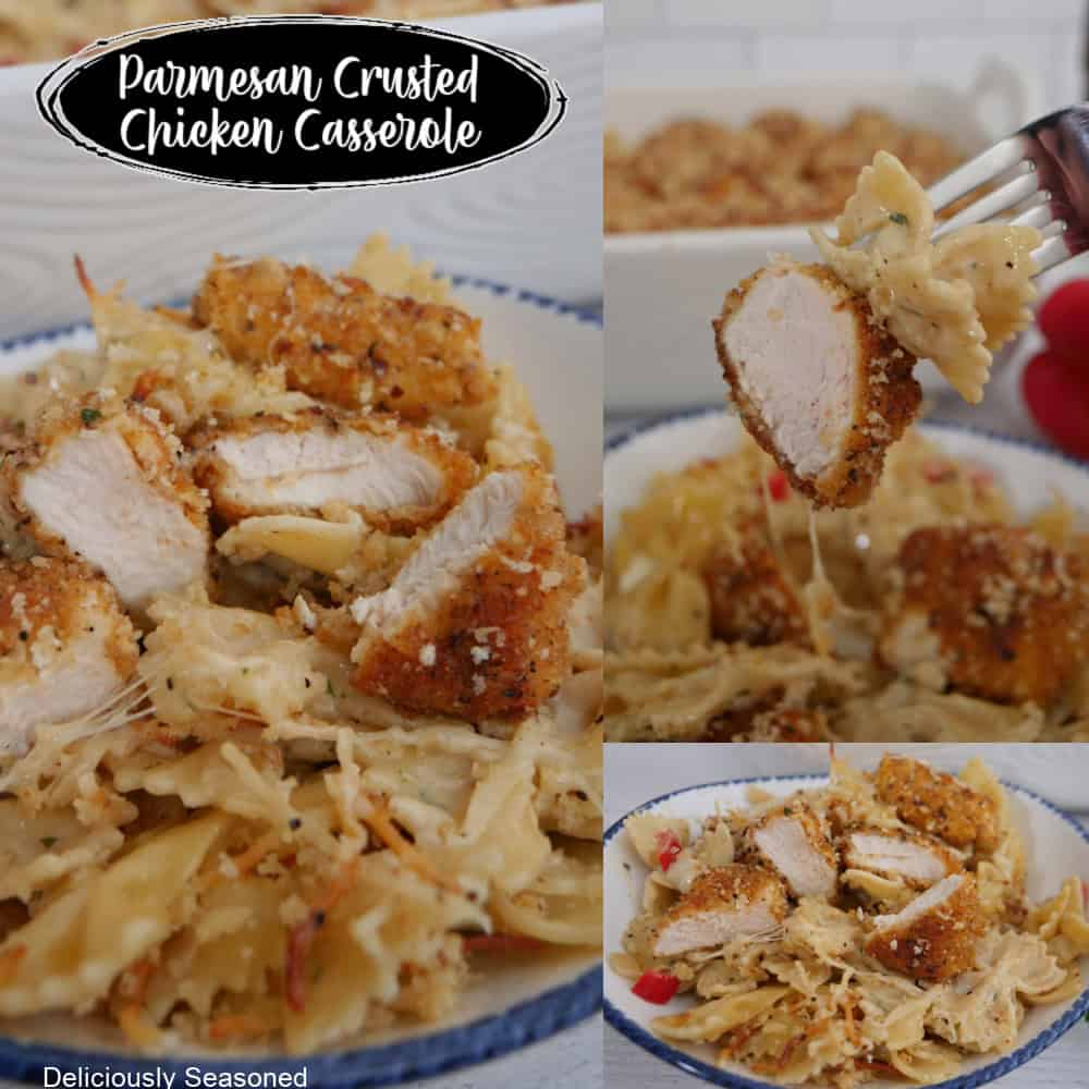 A three collage photo of a casserole with pasta, parmesan crusted chicken bites, and the title overlay at the top.
