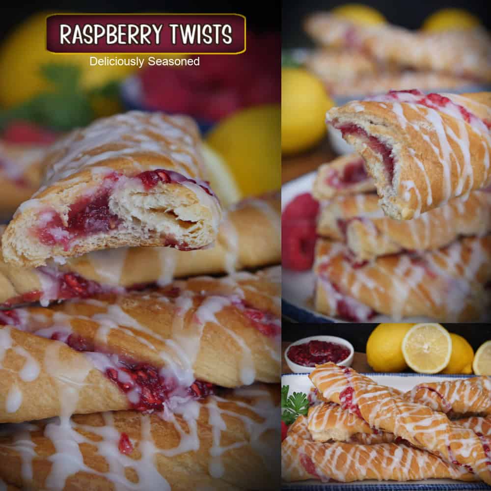 A three collage photo of raspberry twists with the title overlay at the top.