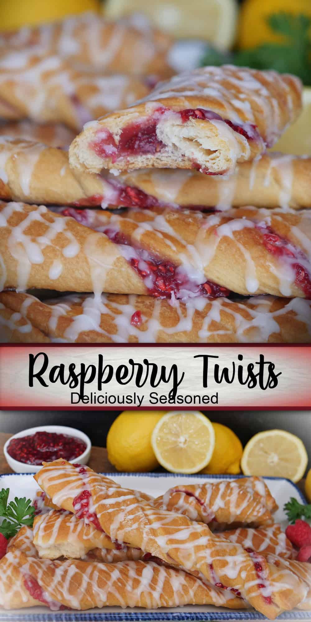 A double collage photo of raspberry twists with a title overlay in the center.