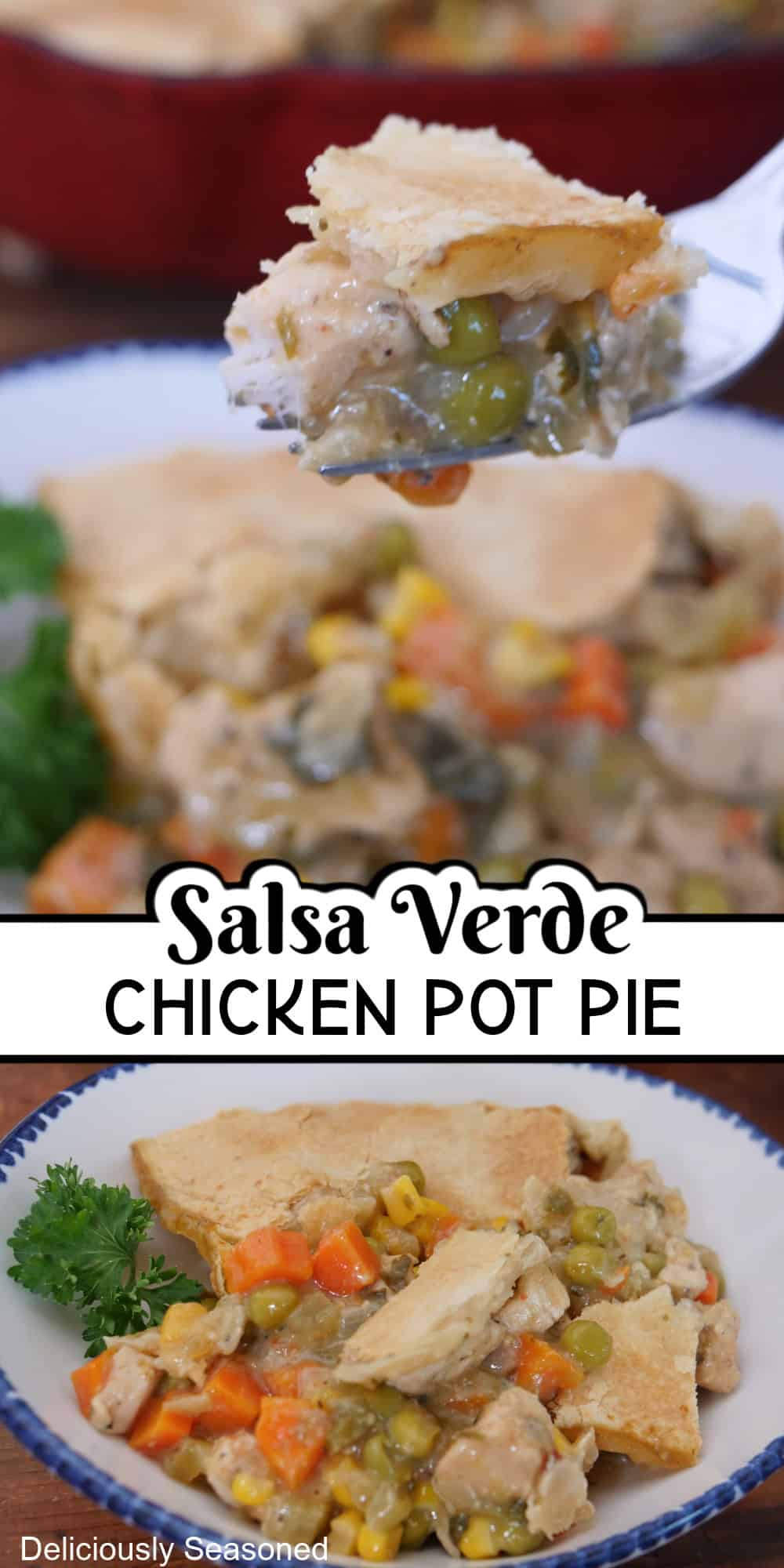 A double collage photo of salsa verde chicken pot pie with a title overlay in the center.