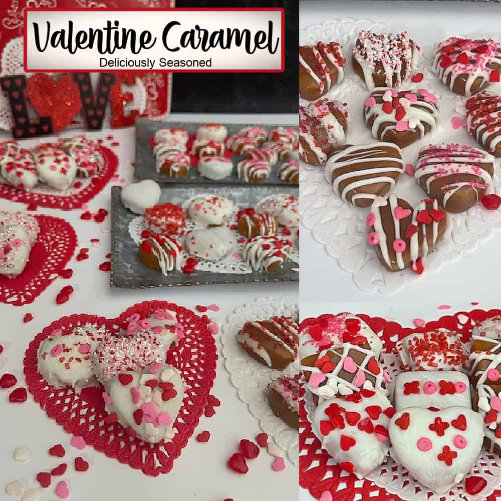A three collage photo of white chocolate caramels shaped into hearts and decorated with Valentine sprinkles.