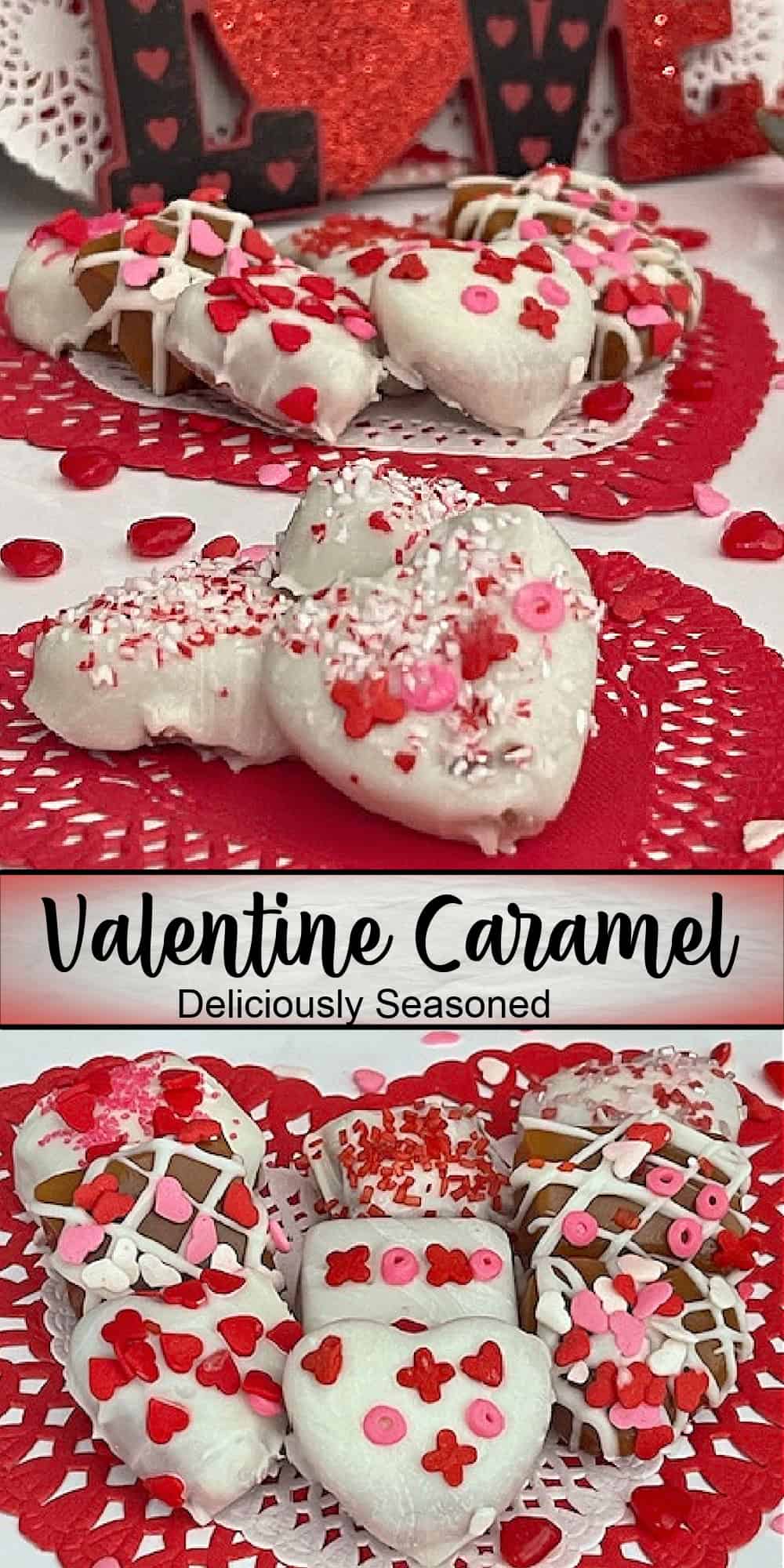 A double collage photo of Valentine white chocolate caramel with a title overlay in the center and a vignette border.