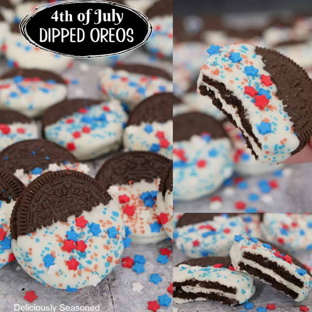 A three panel collage of white chocolate dipped Oreos with fourth of July candy sprinkles on them.