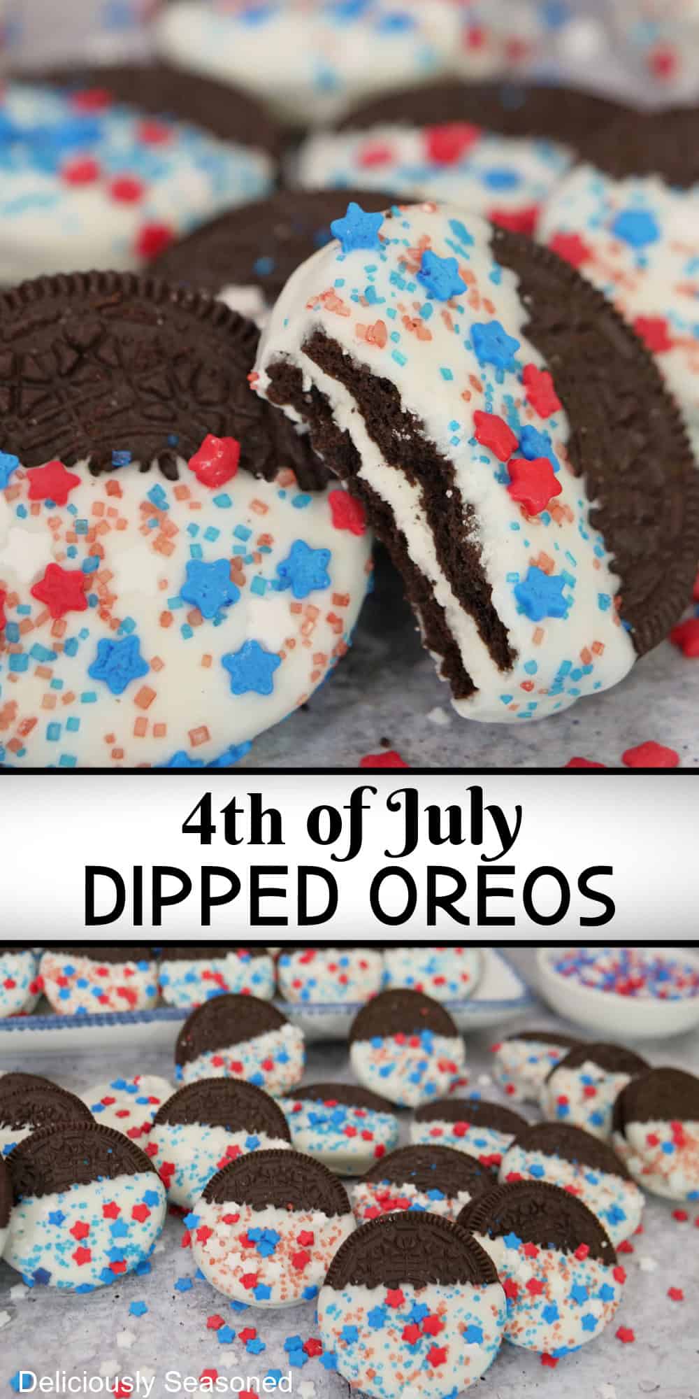 A two panel collage of white chocolate dipped Oreo cookies with festive 4th of July candy sprinkles on them.