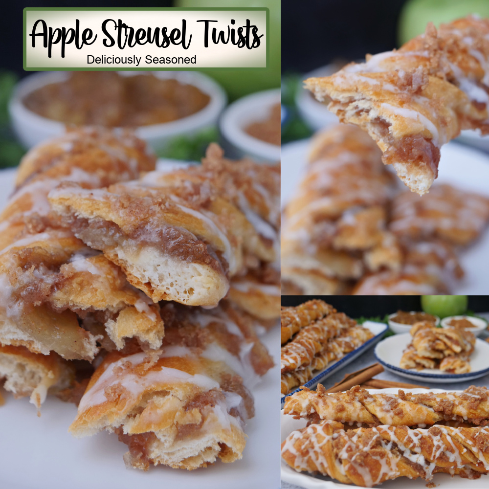A three collage photo panel of apple streusel twists with a title overlay at the top.