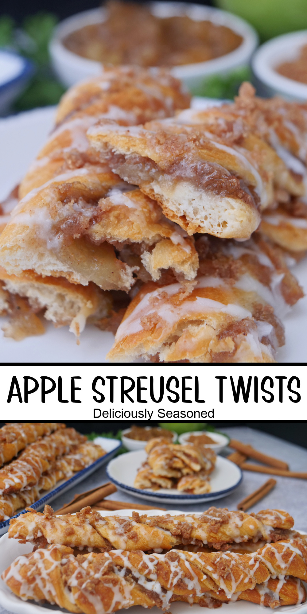 A double photo collage of apple streusel twists with a title overlay in the center.