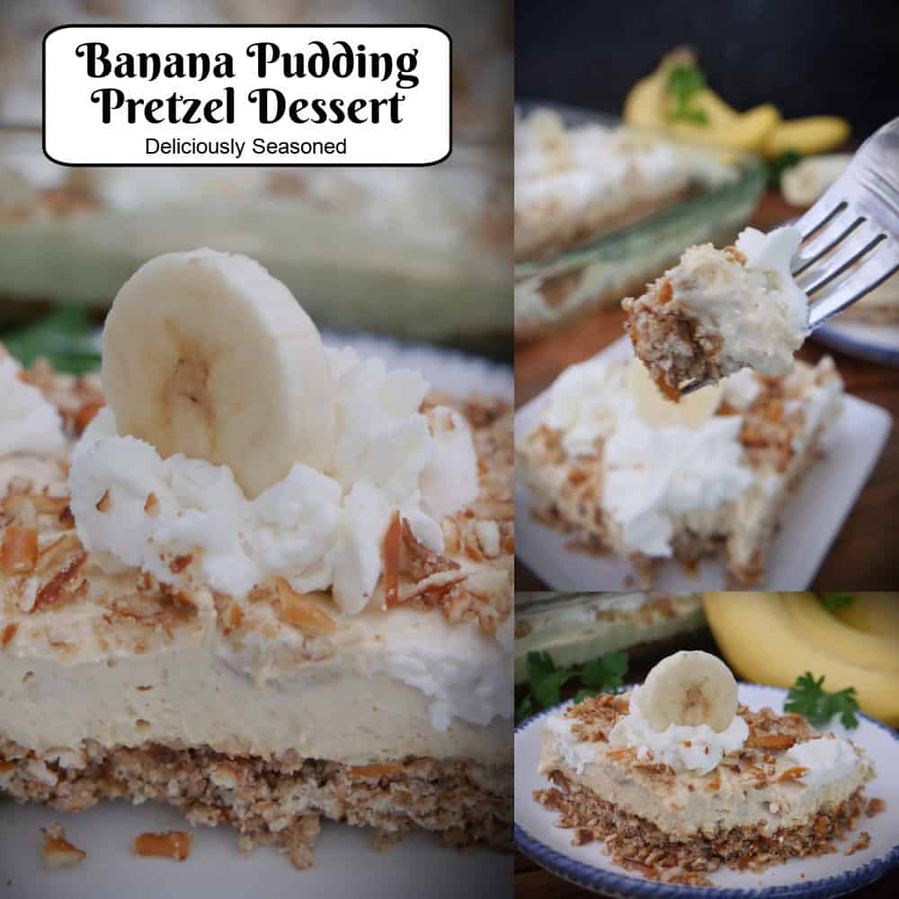 A three photo collage of banana pretzel dessert with a title overlay at the top.