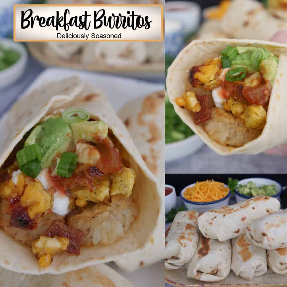 A three panel photo collage of breakfast burritos with the title overlay at the top.