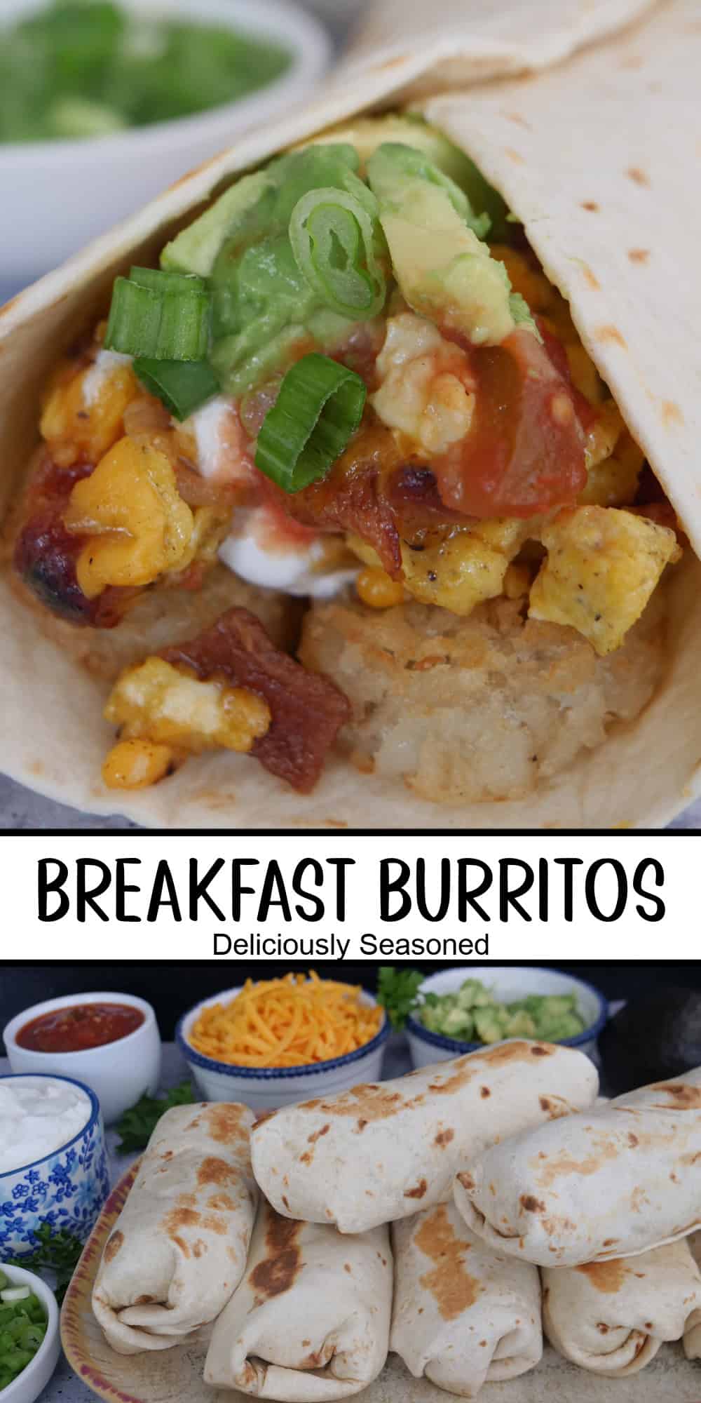 A two panel photo collage of breakfast burritos with a title overlay in the center.