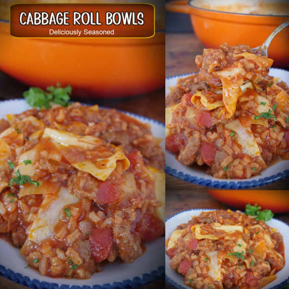 A three collage photo of unstuffed cabbage rolls in a soup-like recipe with the title overlay at the top.