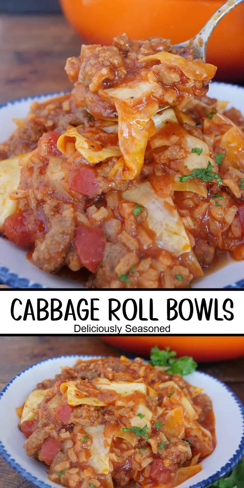 A double collage photo of cabbage roll bowls with the title overlay at the top.