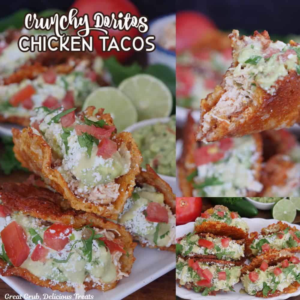 A three photo panel of crunchy Doritos chicken tacos with a title overlay at the top.