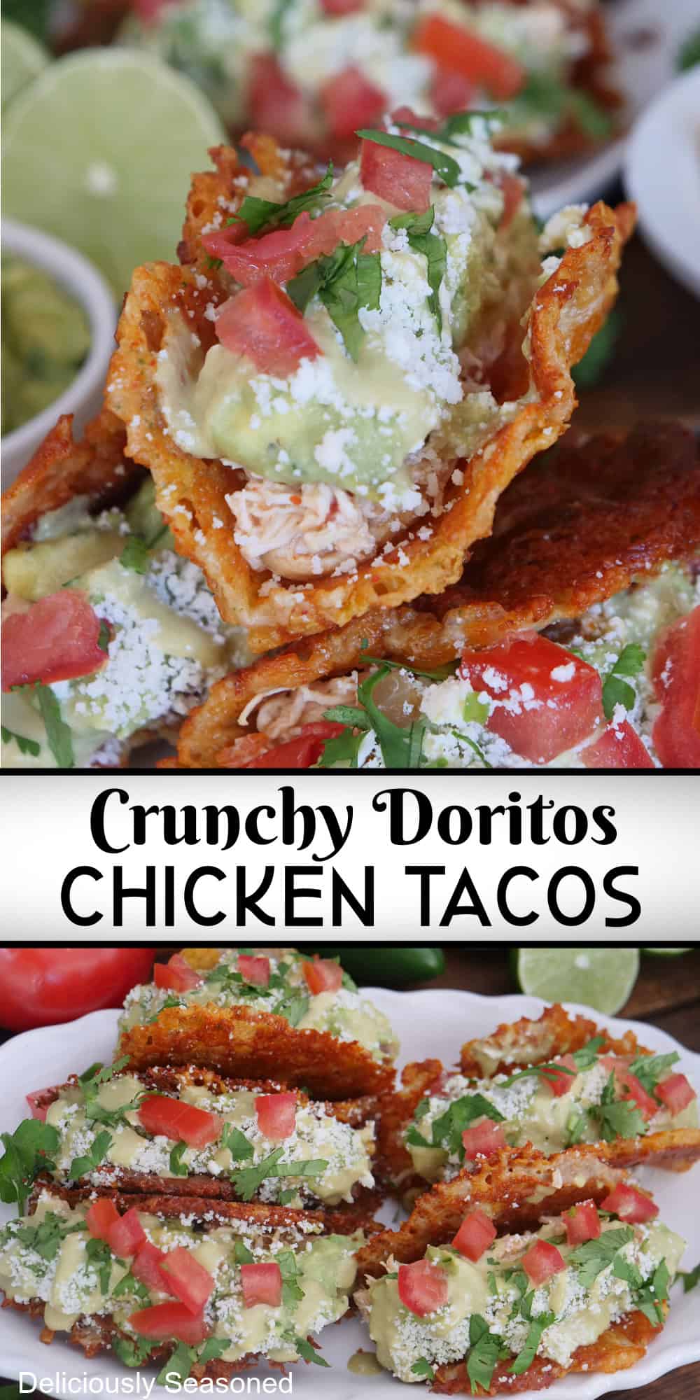 A two panel photo collage of crunchy Doritos chicken tacos with the title overlay in the center.