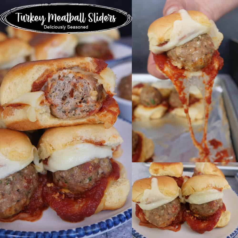 A three photo panel collage of turkey meatball sliders with the title overlay at the top.