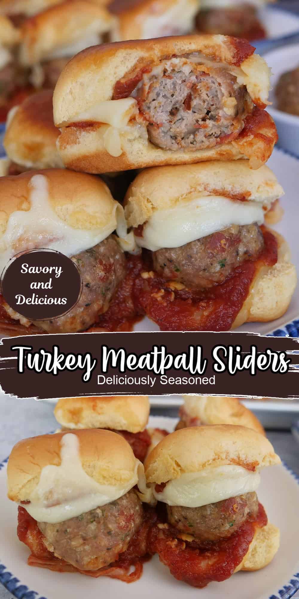 A two panel photo collage of mini turkey meatball sliders with the title overlay in the center.