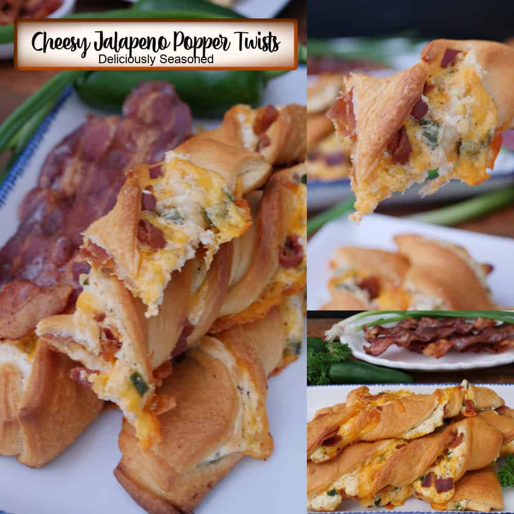 A three panel photo collage of cheesy jalapeno popper twists with a title overlay at the top.