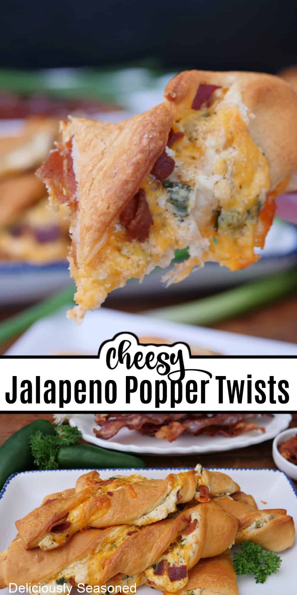 A two panel photo collage of cheesy jalapeno popper twists with a title overlay in the center.