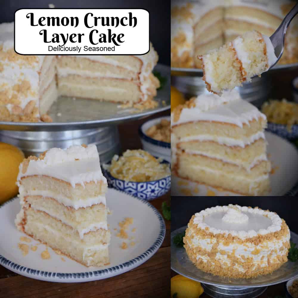 A three panel photo collage of lemon crunch layer cake with a title overlay at the top.