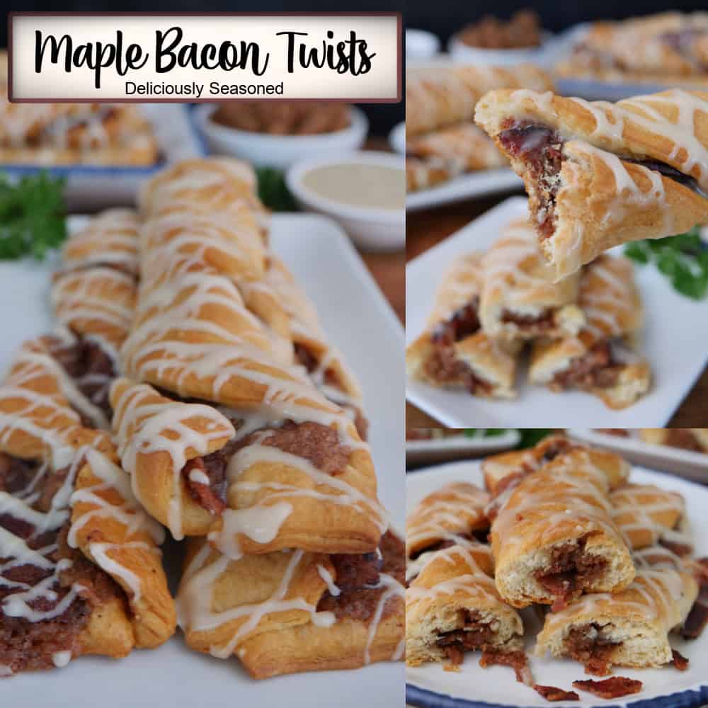 A three panel photo collage of maple bacon twists on white plates with a title overlay at the top.