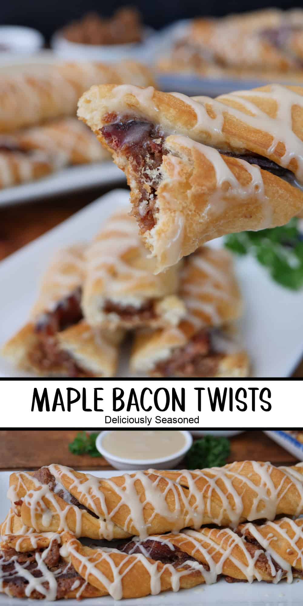 A two panel photo collage of maple bacon twists with a title overlay in the middle.