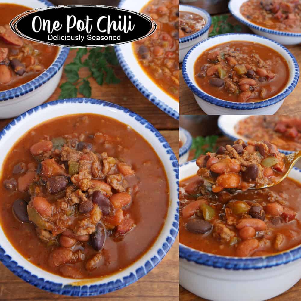A three panel collage of one pot chili with a title overlay at the top.
