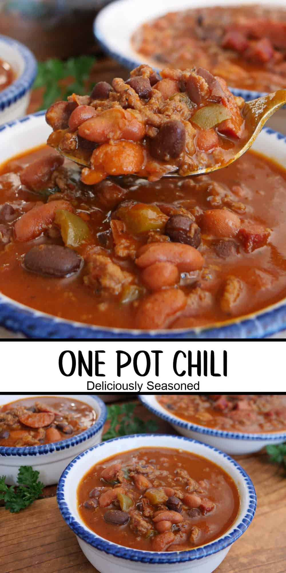 A tow panel collage with a title overlay in the center of homemade, one pot chili.