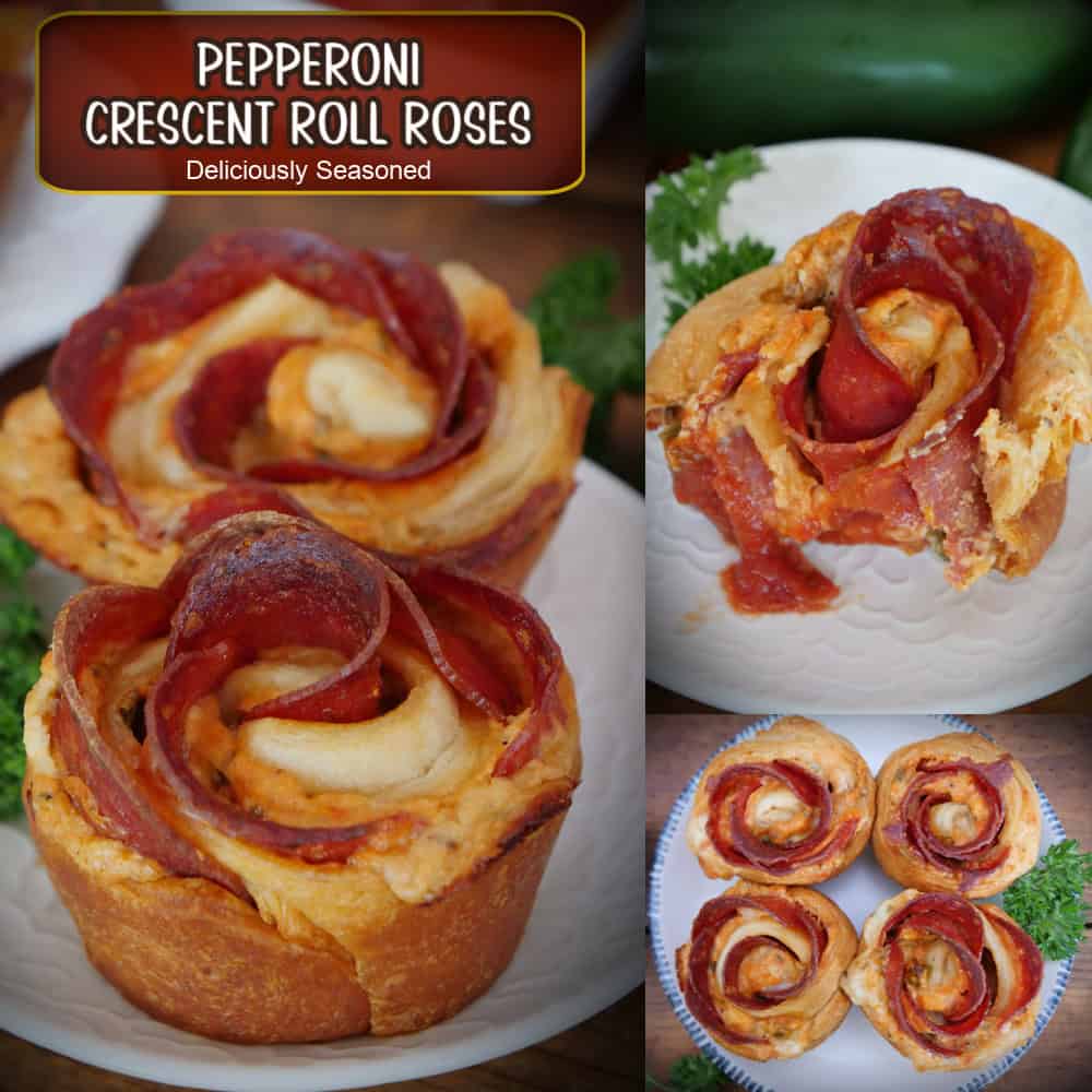 A three collage panel of pepperoni crescent roll roses with a title overlay at the top.