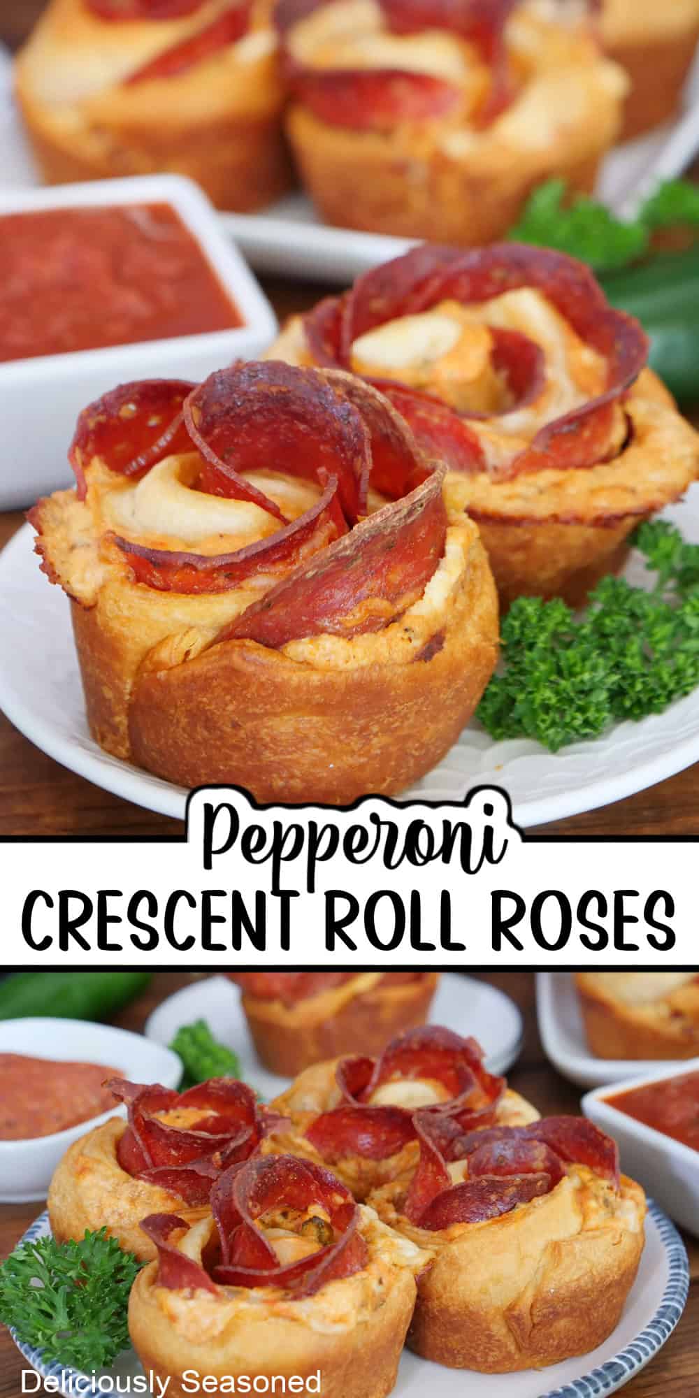 A double photo panel of pepperoni crescent roll roses with a title overlay in the center.