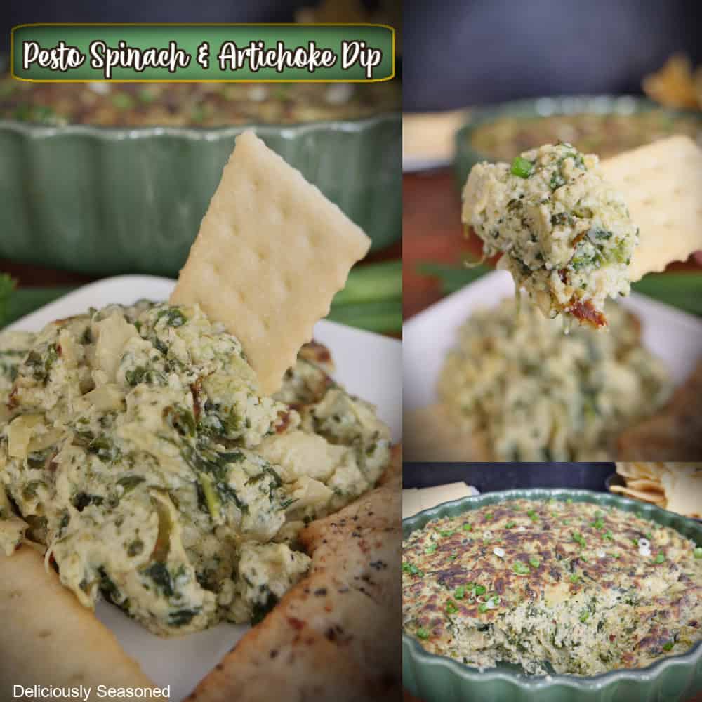 A three panel collage of pesto spinach artichoke dip with a title overlay at the top.