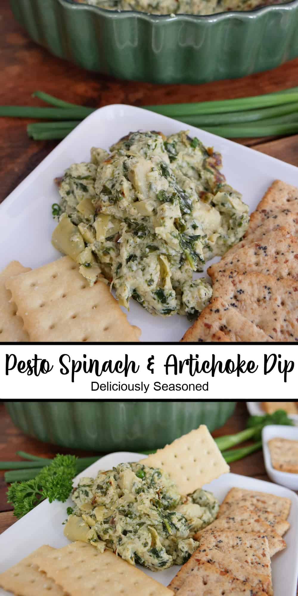 A two panel collage of pesto spinach and artichoke dip with a title overlay in the middle.