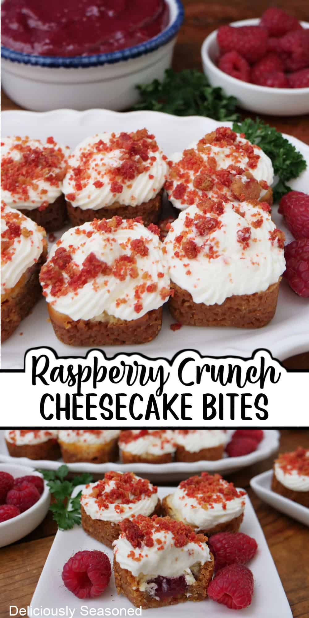 A double panel collage of raspberry crunch cheesecake bites with a title overlay in the center.