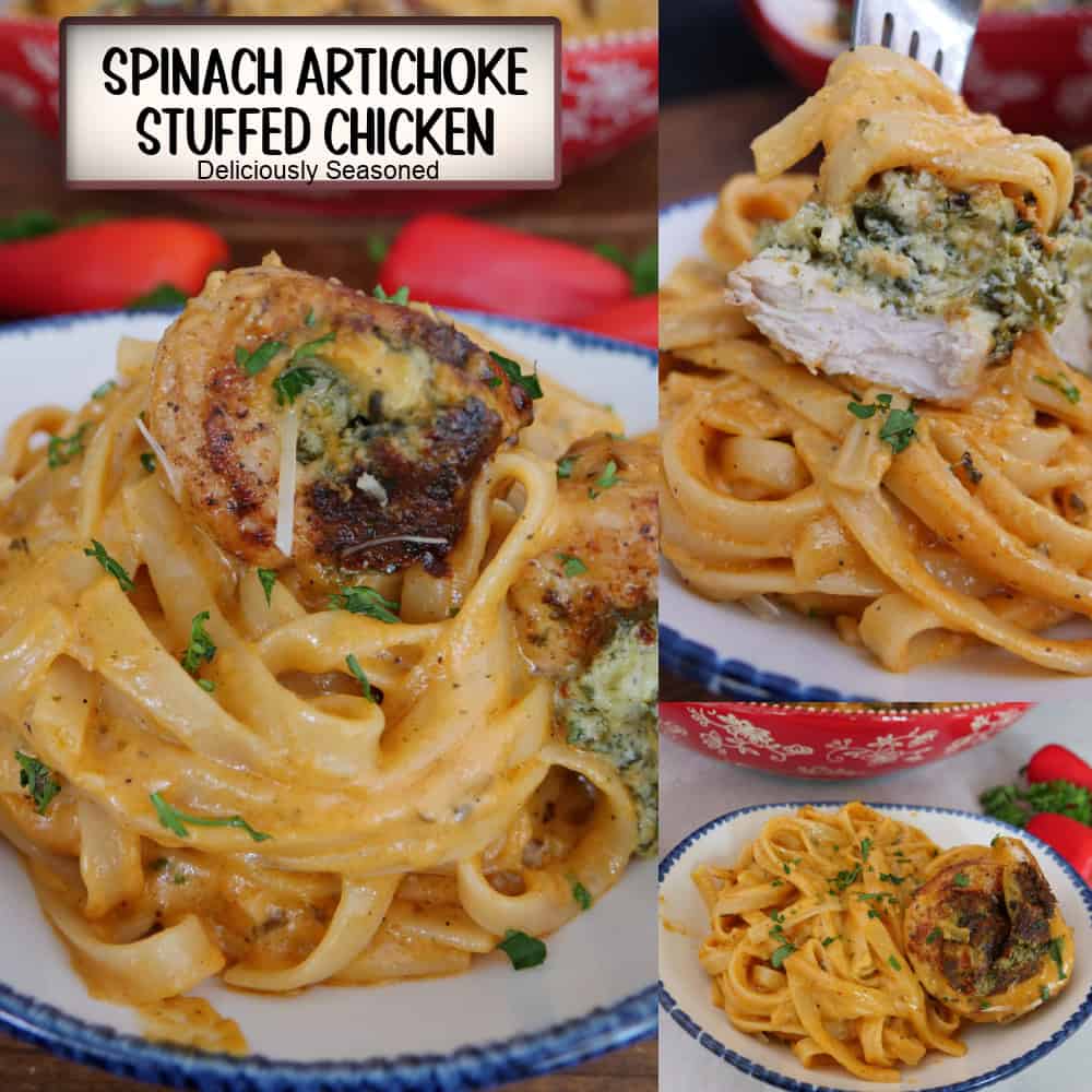 A three panel collage of spinach artichoke stuffed chicken with a creamy red pepper sauce mixed with fettuccini pasta, and a title overlay at the top.