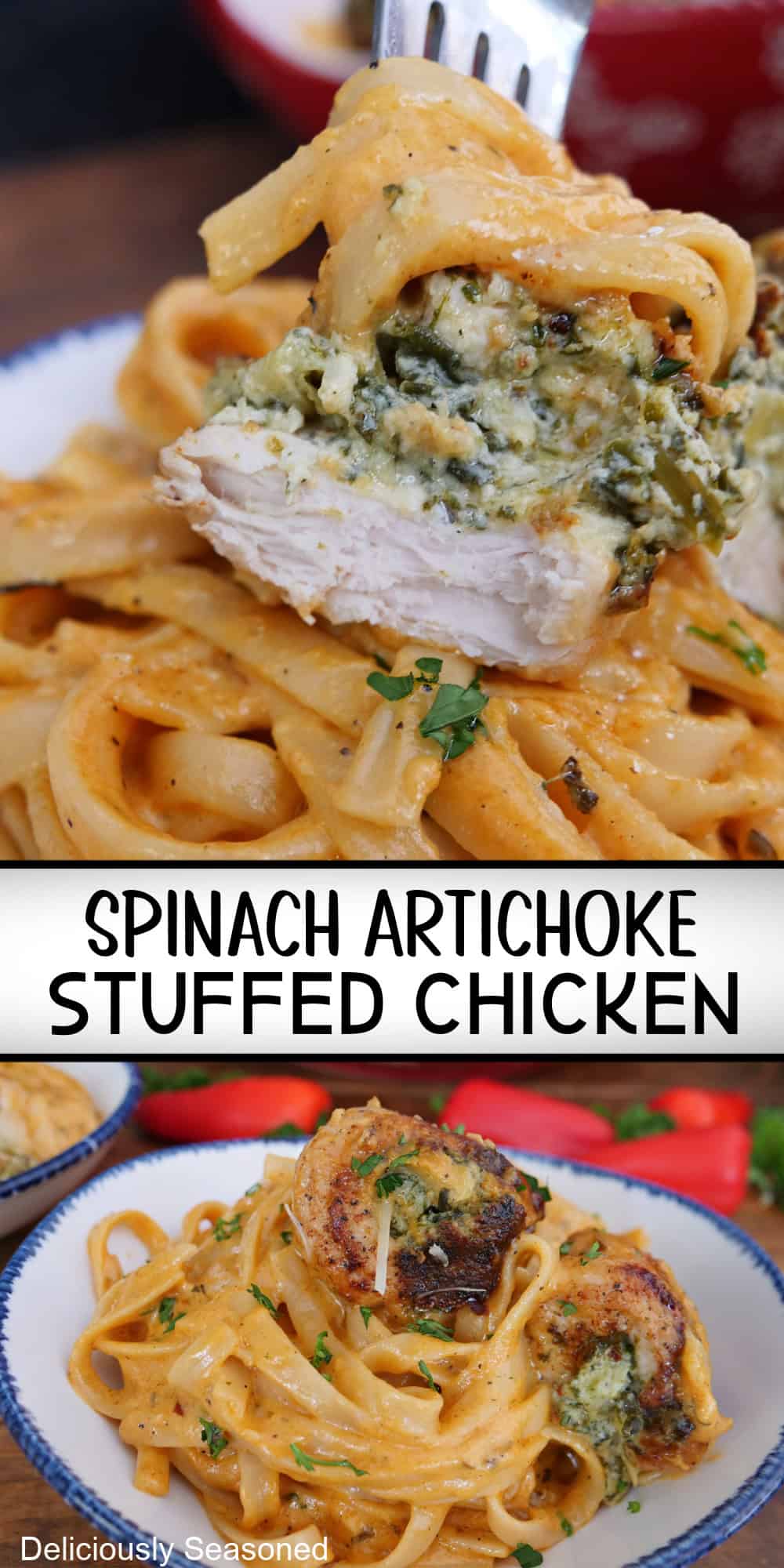 A two panel collage of spinach artichoke stuffed chicken with fettuccine pasta in a creamy red pepper sauce, and a title overlay in the center.