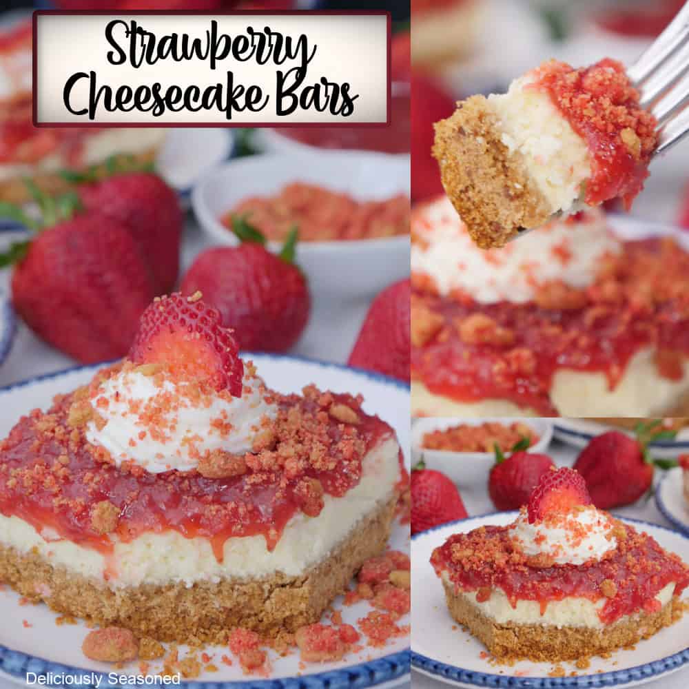 A three-panel photo collage of strawberry cheesecake bars with a title overlay at the top.