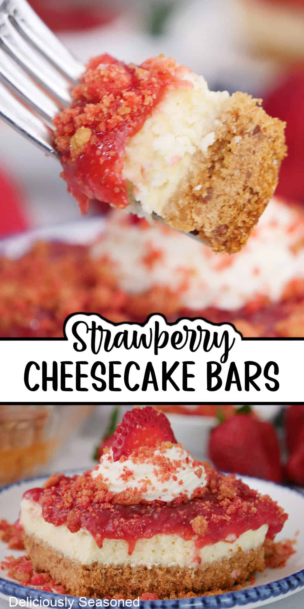 A double-panel photo collage of strawberry cheesecake bars with a title overlay in the center.
