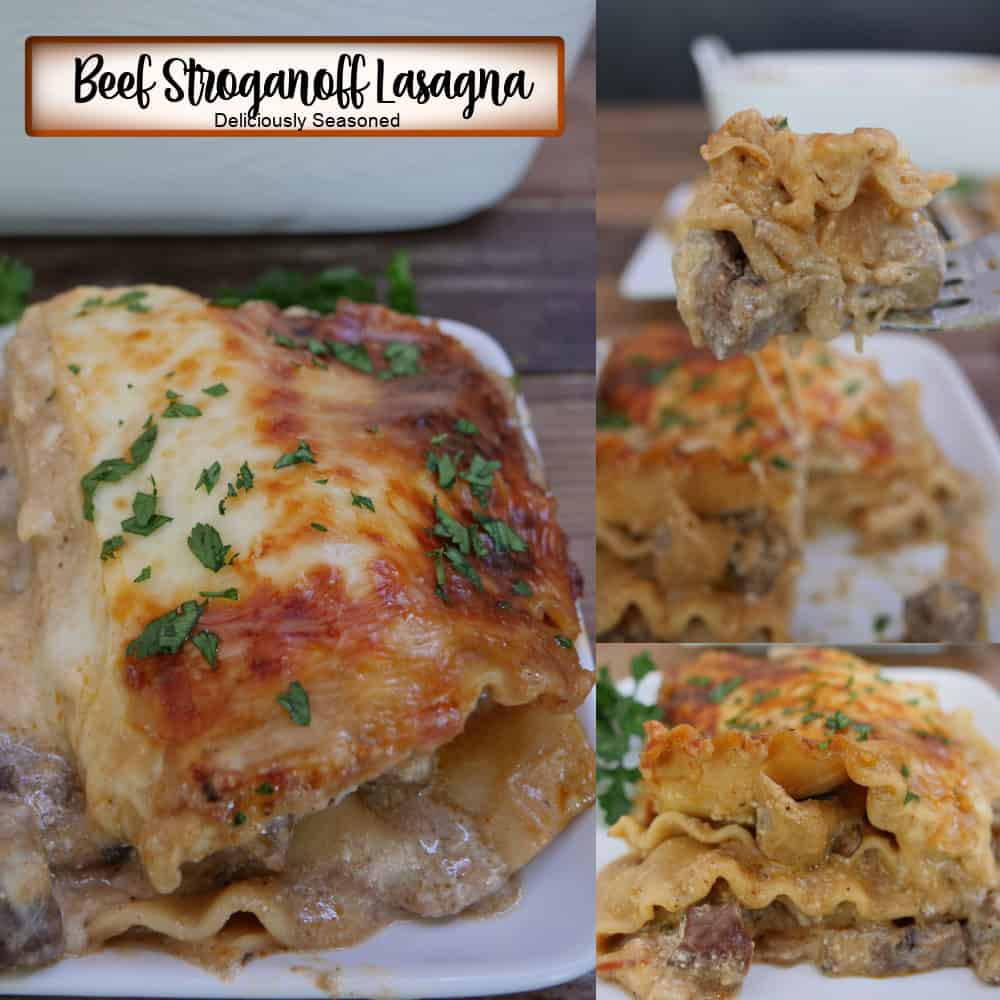 A three panel collage of beef stroganoff lasagna with a title overlay at the top.