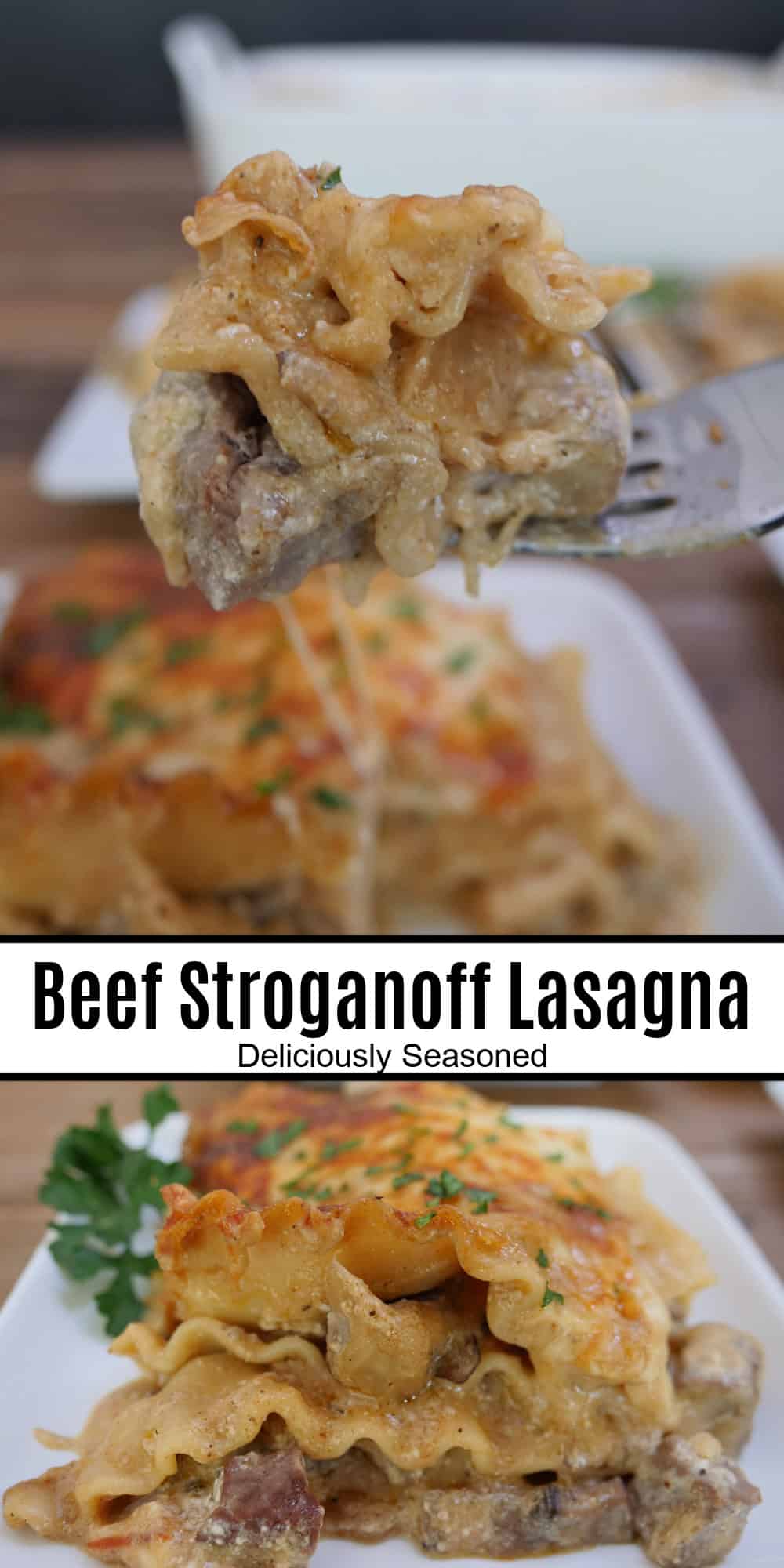 A two panel collage of beef stroganoff lasagna with a title overlay in the center of the two photos.