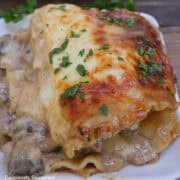 A serving of beef stroganoff lasagna on a white plate.