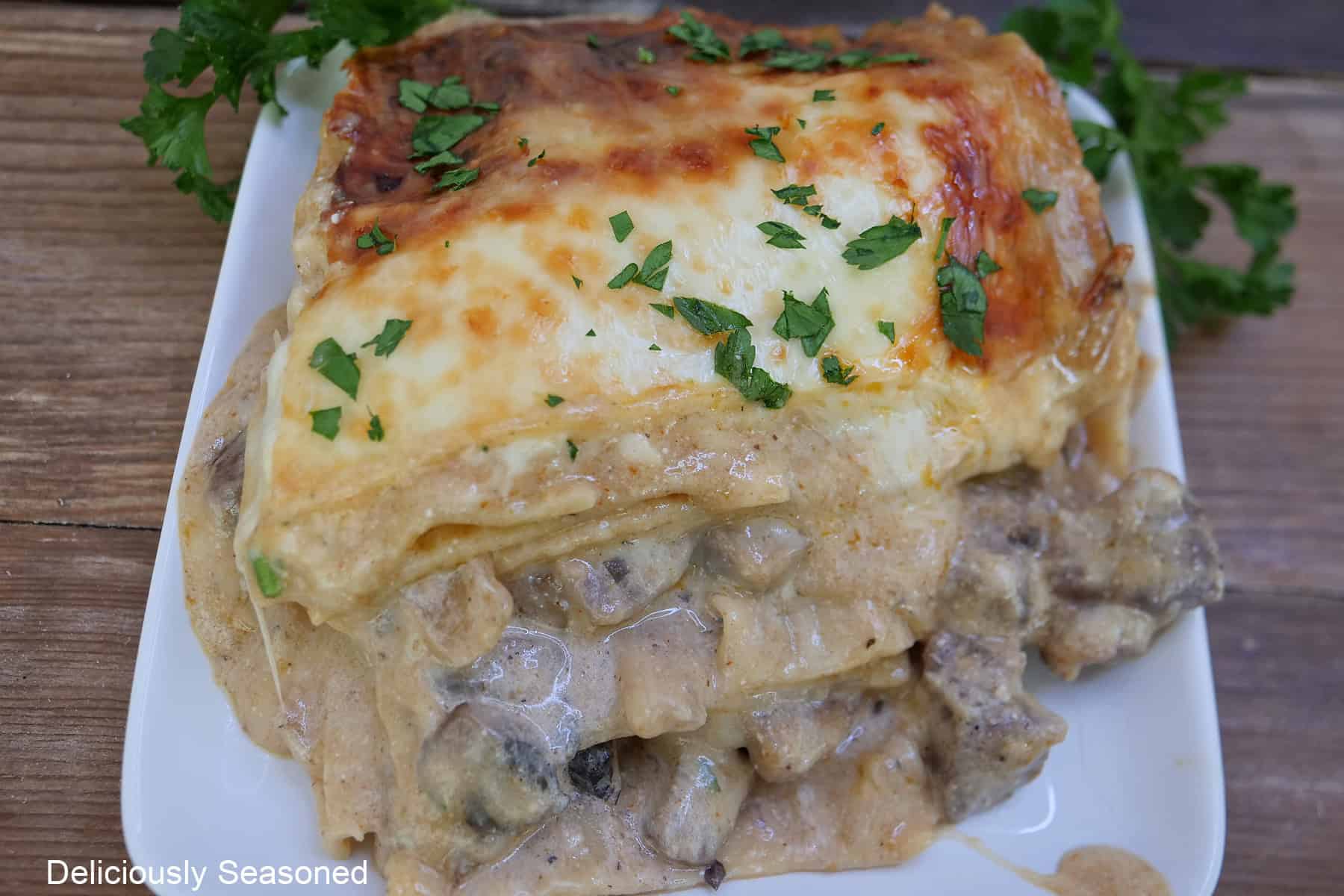 A white plate with a serving of beef stroganoff lasagna on it.