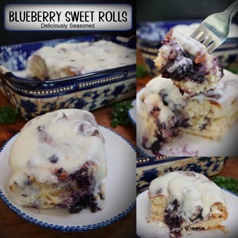 A three panel collage of blueberry sweet Rolls with a title overlay at the top.