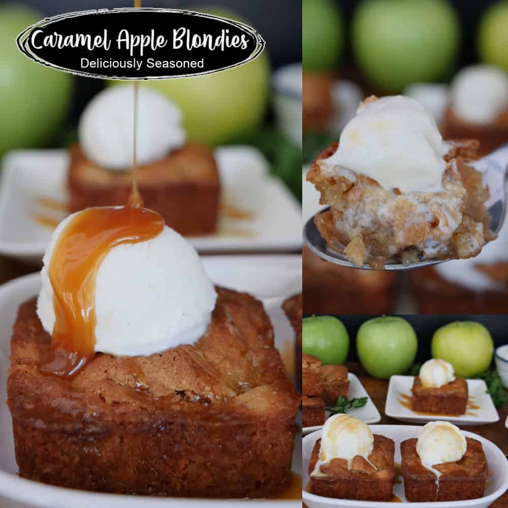A three-panel collage of caramel apple blondies with a title overlay at the top.